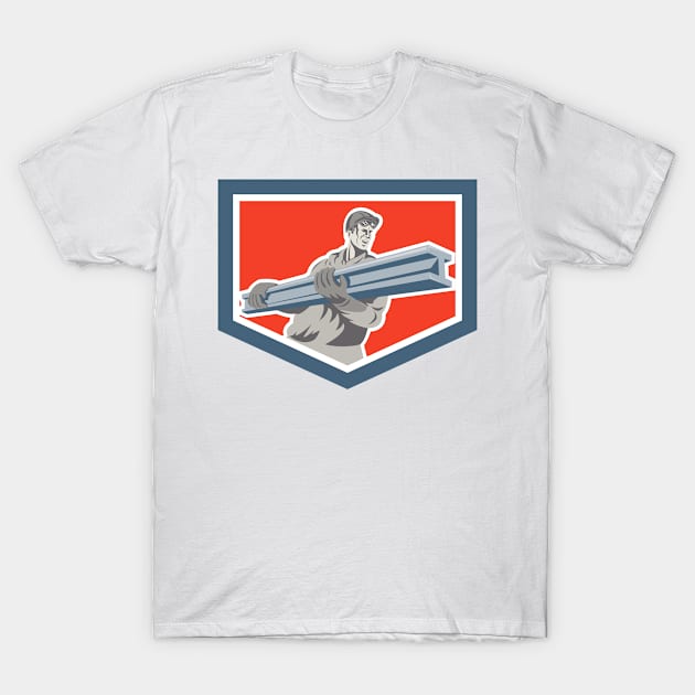 Construction Steel Worker Carrying I-Beam Shield Retro T-Shirt by patrimonio